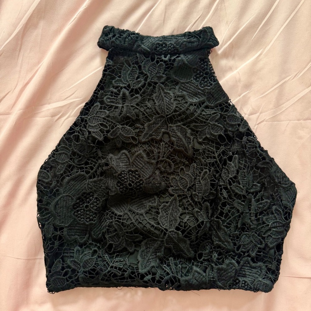 Black Floral Lace Halter Crop Top Mock Neck Open Back Small
